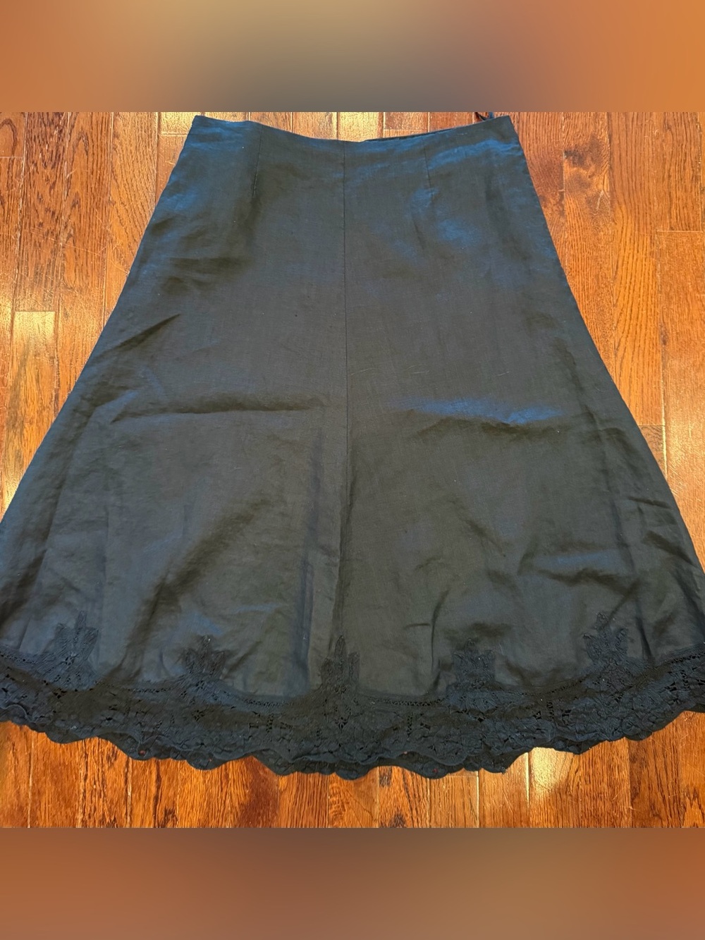 Vintage Y2K Saint Tropez West Black Ramie Midi Skirt Lace Hem Whimsigoth Fall 14
